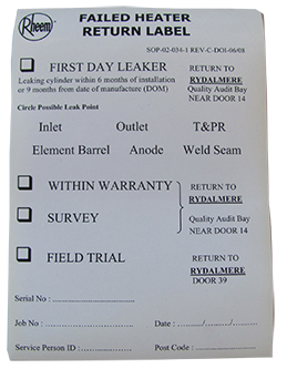 FAILED HEATER RETURN LABELS FAILED HEATER RETURN LABELS